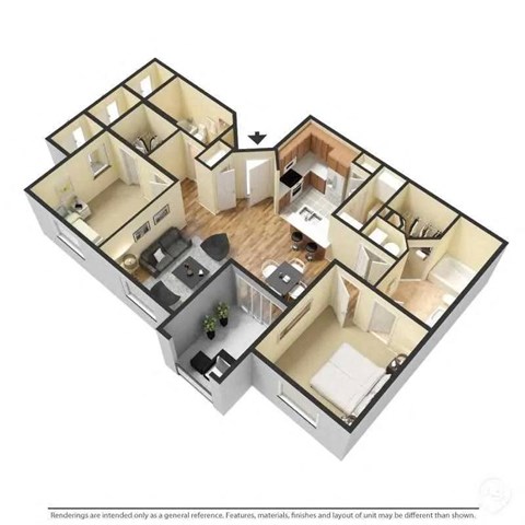 A 3D rendered image of a house layout.